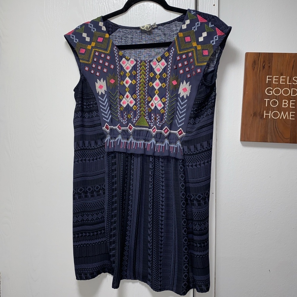 Anthropology One September Embroidered‎ Boho Tank Top XS Blue Aztec